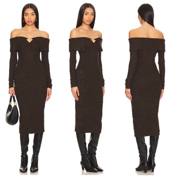 ASTR the Label | Lillian Sweater Dress in Brown Knit Off Shoulder Midi L - Picture 2 of 16